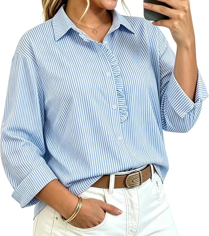 Womens Plus Size Striped Long Sleeve Button Down Shirts | Soft Wrinkle Free Shirts, Ruffle Collar... | Amazon (US)