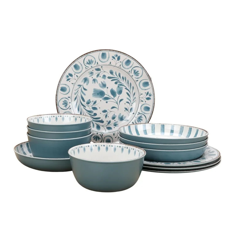 Better Homes & Gardens 12-Piece Bamboo Melamine Dinnerware Set, Blue | Walmart (US)