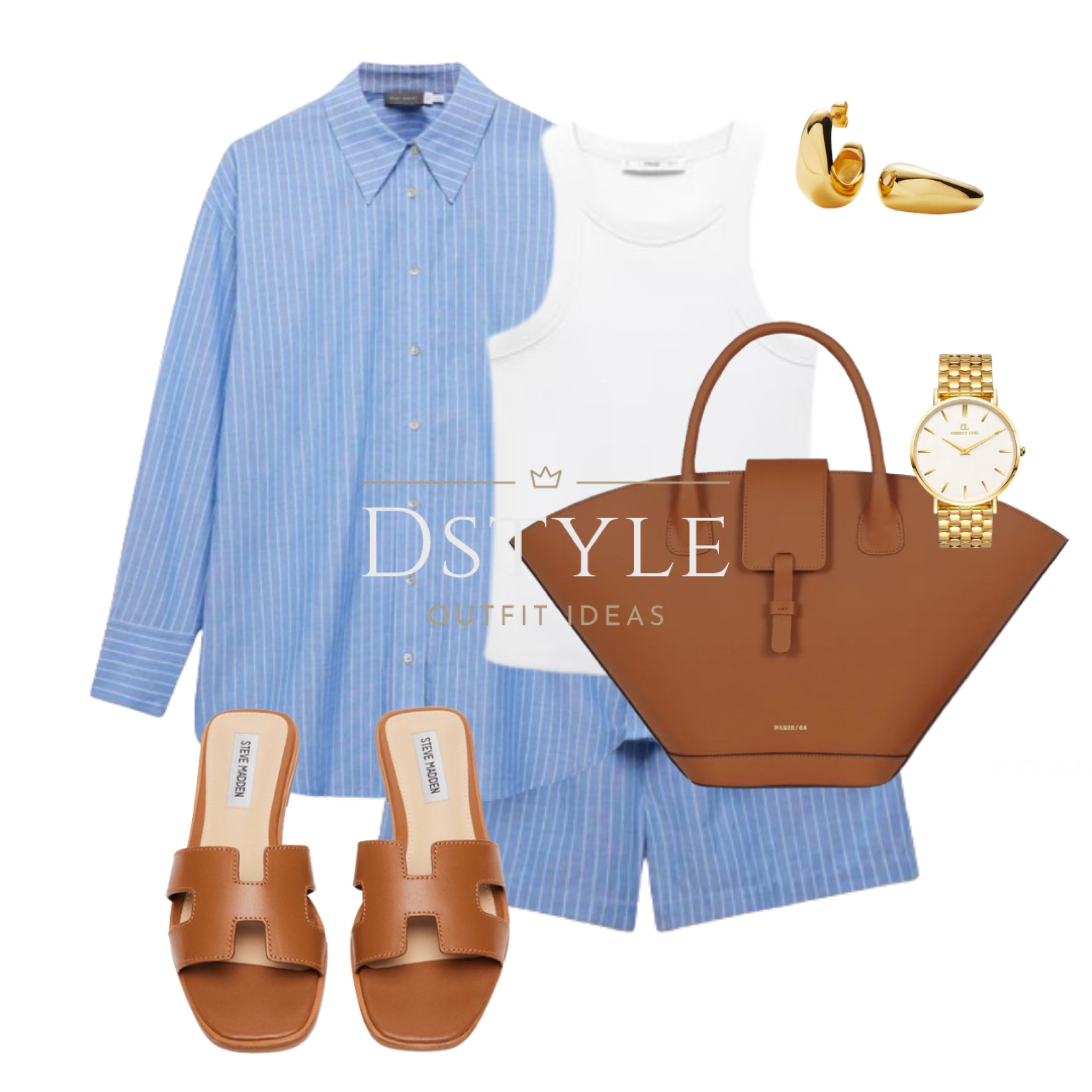 Blue striped shirt and shorts set - on Sale now, white tank top, leather handbag in caramel, brown leather slide sandals, flat sandals in cognac, comfy yet chic look, summer outfit

#LTKWorkwear #LTKSaleAlert #LTKItBag