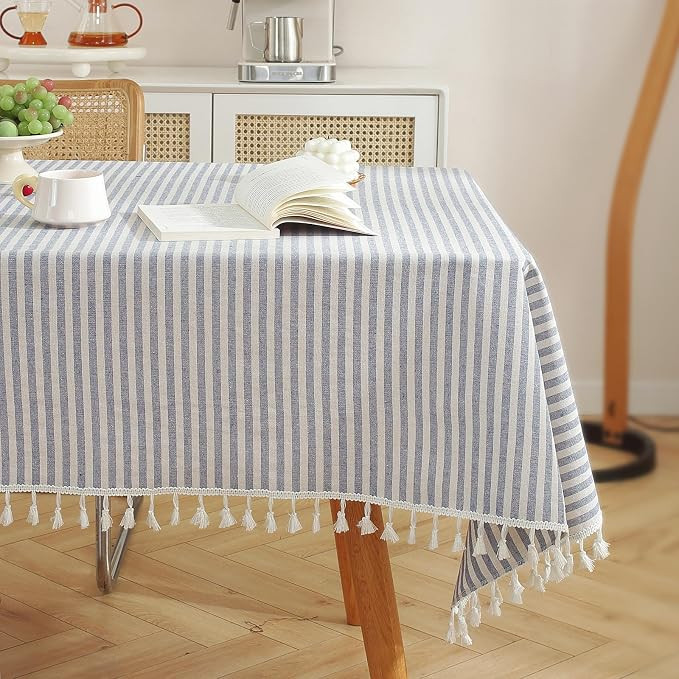 Table Cloth Blue White Striped Tablecloth Tassels Cotton Blend Dust-Proof Table Cover for Dining ... | Amazon (US)
