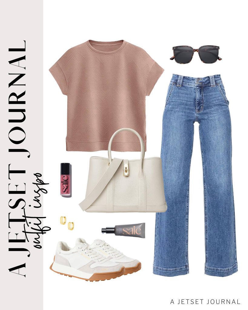 I love the color of this cap-sleeve top paired with wide-leg jeans. Wearing white sneakers and using this white top-handle satchel purse is one way to style it. These chunky hoop earrings are perfect for this look. 

 #LTKSeasonal #LTKSaleAlert #LTKTravel