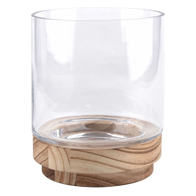 Clear Glass Hurricane Candle Holder with Wood Base, 7" | At Home