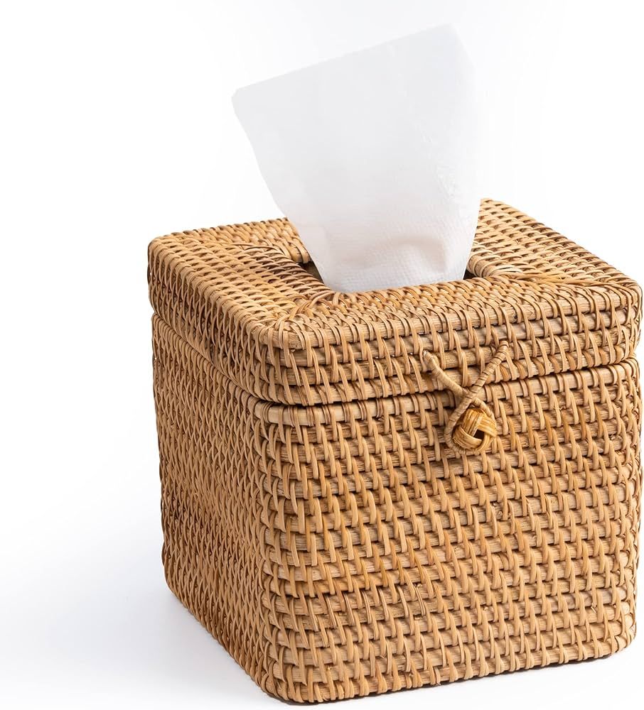 Rattan Square Tissue Box Cover- 5.7" x 5.7" x 5"-Decorative Woven Facial Tissue Holder with Hinge... | Amazon (US)