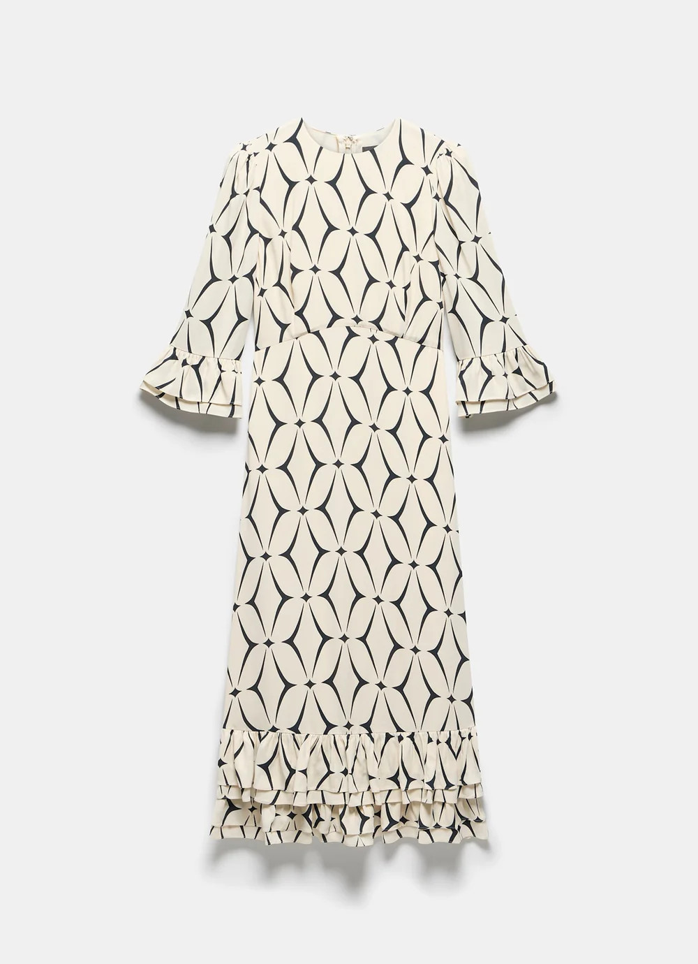 Cream Geometric Print Ruffle Midi Dress | Mint Velvet