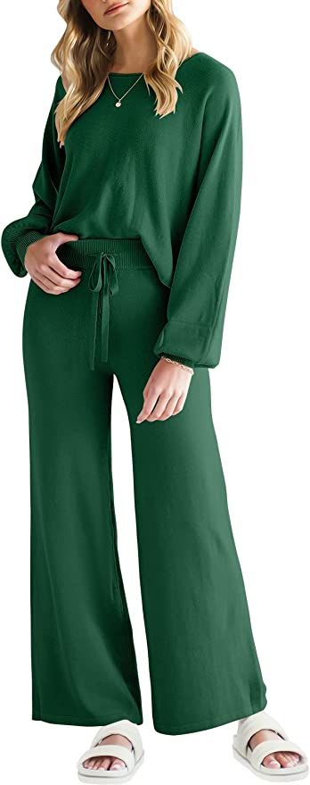 Amazon.com: ANRABESS Women’s Two Piece Outfits Long Lantern Sleeve Crewneck Crop Top with Wide ... | Amazon (US)
