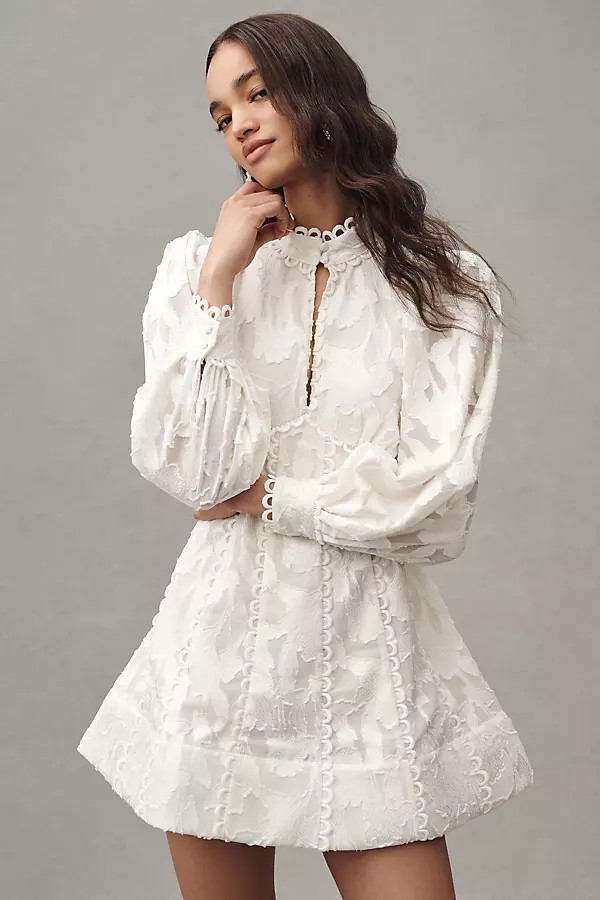 Long-Sleeve High-Neck Floral A-Line Mini Dress | Anthropologie (US)