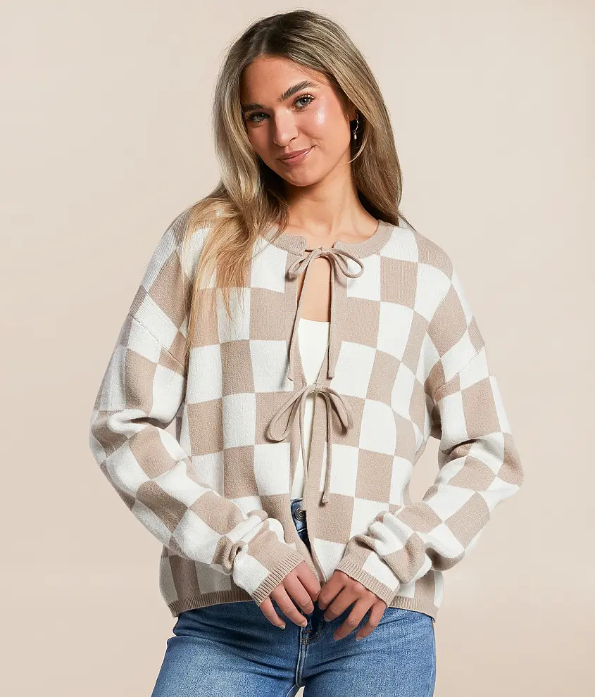 Checkered Front Tie Cardigan Sweater | Buckle