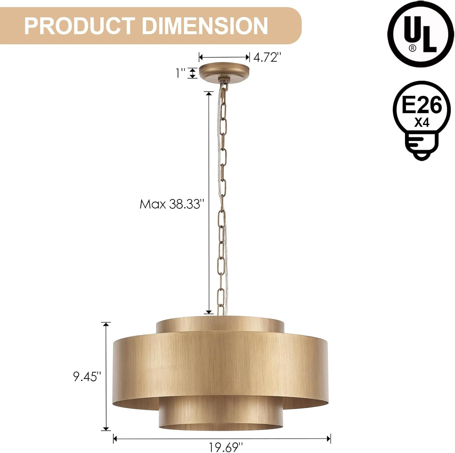 20” Brushed Brass Modern Chandelier Classic 3 Round Metal Pendant Light Contemporary Adjustable... | Amazon (US)