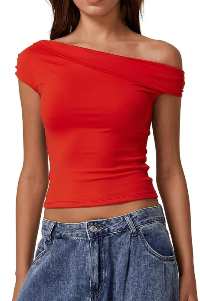 QINSEN Womens Twisted Off The Shoulder Tops Double Lined Short Sleeve T Shirts Slim Fitted Stretc... | Amazon (US)