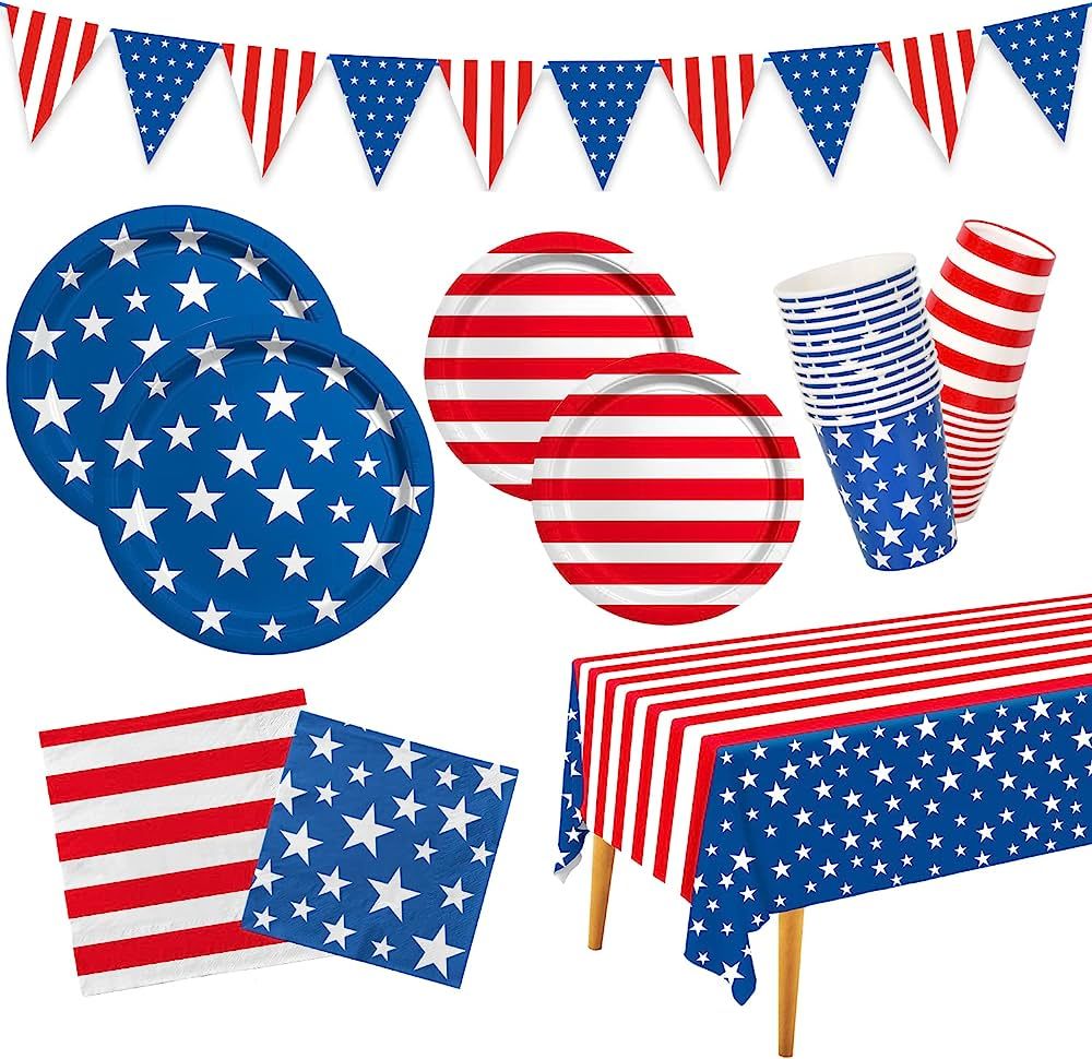 4th of July American Flag Patriotic Party Supplies Disposable Paper Plates Napkins Cocktail Napki... | Amazon (US)