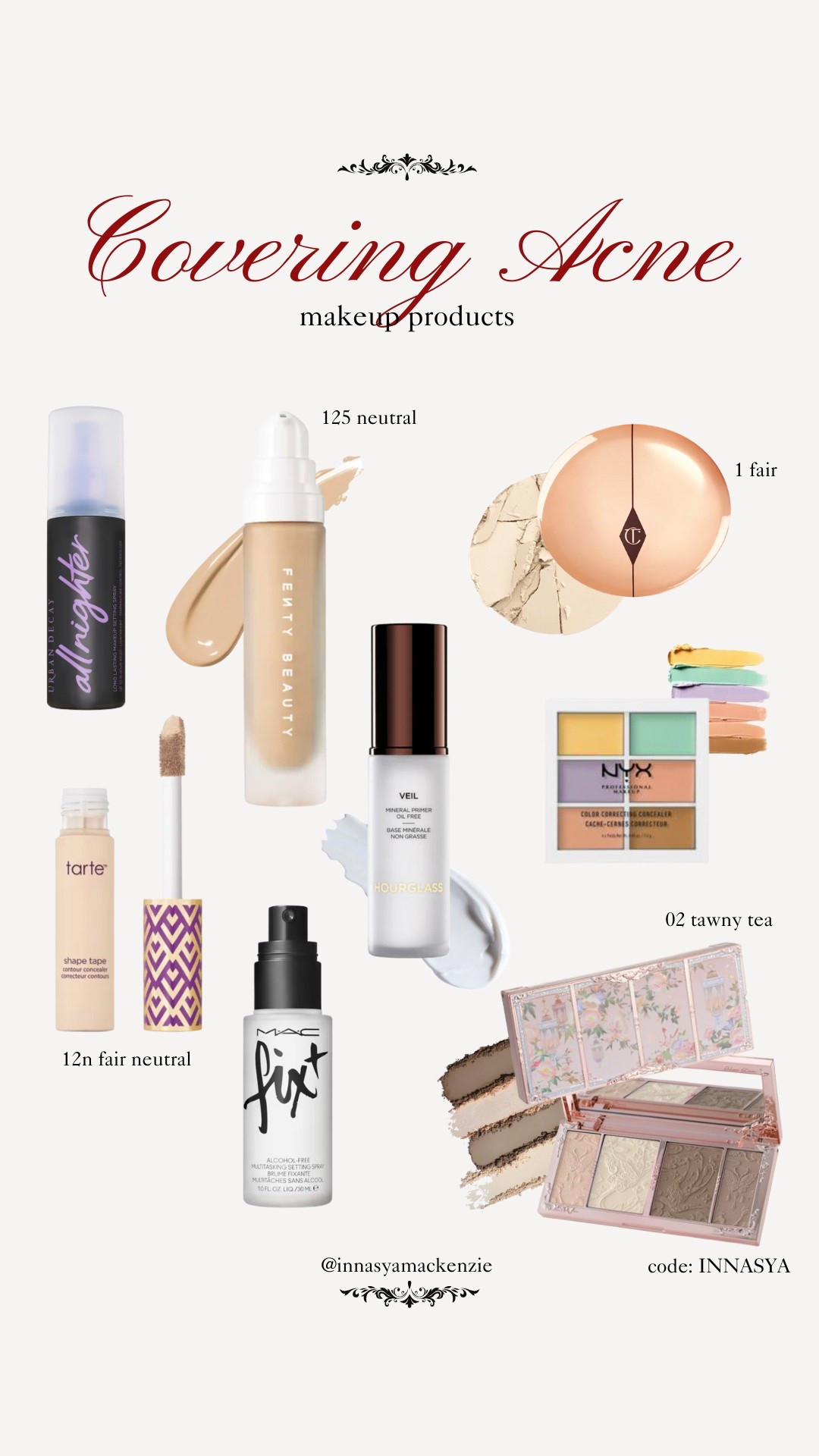 the products i use to cover my acne ✨🫶🏽🤎 | the 02 tawny tea palette is by flower knows & you can use my code INNASYA for a little discount 