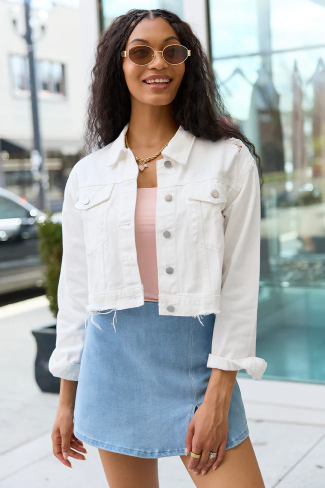 Run Around Town Ivory Deconstructed Denim Jacket FINAL SALE | Pink Lily