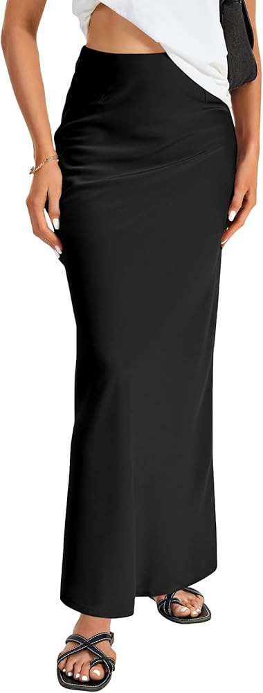 Vrtige Women's Elegant Satin Silky High Waist Zipper Flowy A Line Maxi Long Skirt | Amazon (US)