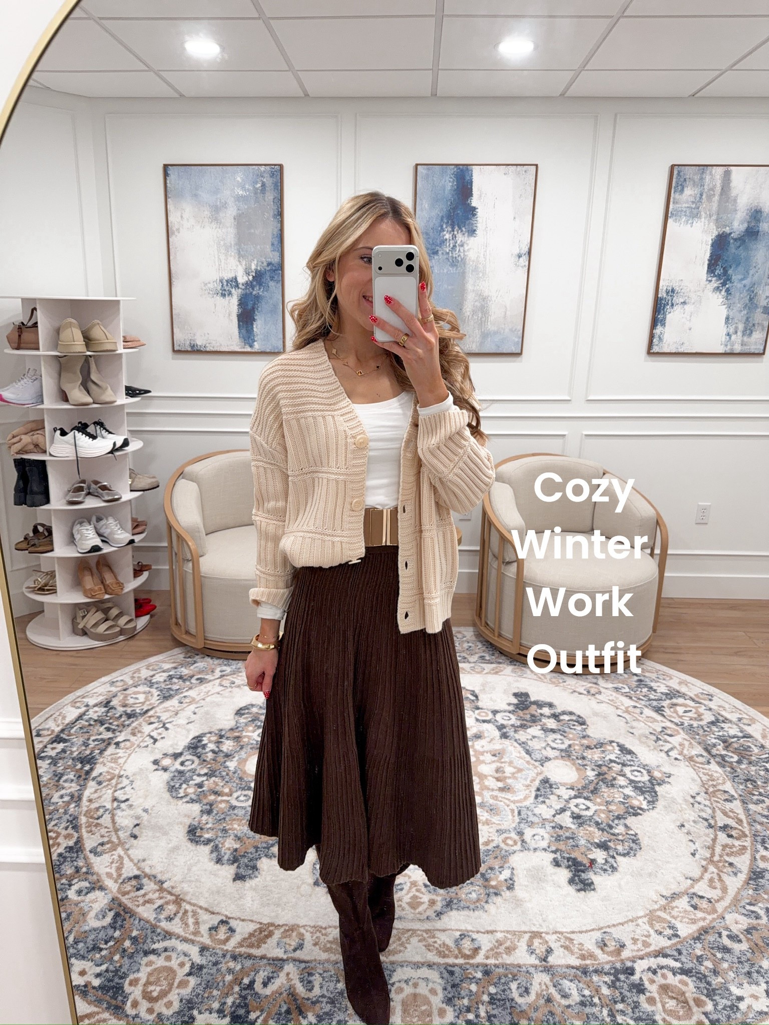 This cozy textured cardigan paired with a pleated midi skirt is giving classic, comfy, and so chic. Love this combo for church, brunch, or casual holiday gatherings. Soft knits + rich browns = effortless winter style. Wearing size small in everything!

#LTKSeasonal #LTKFindsUnder100 #LTKWorkwear