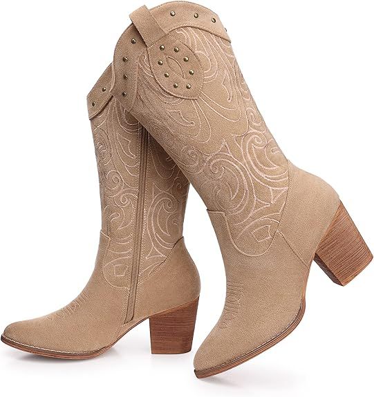 SHIBEVER Cowboy Cowgirl Boots for Women: Wide Calf Western Pointed Toe Chunky Heel Suede Embroide... | Amazon (US)