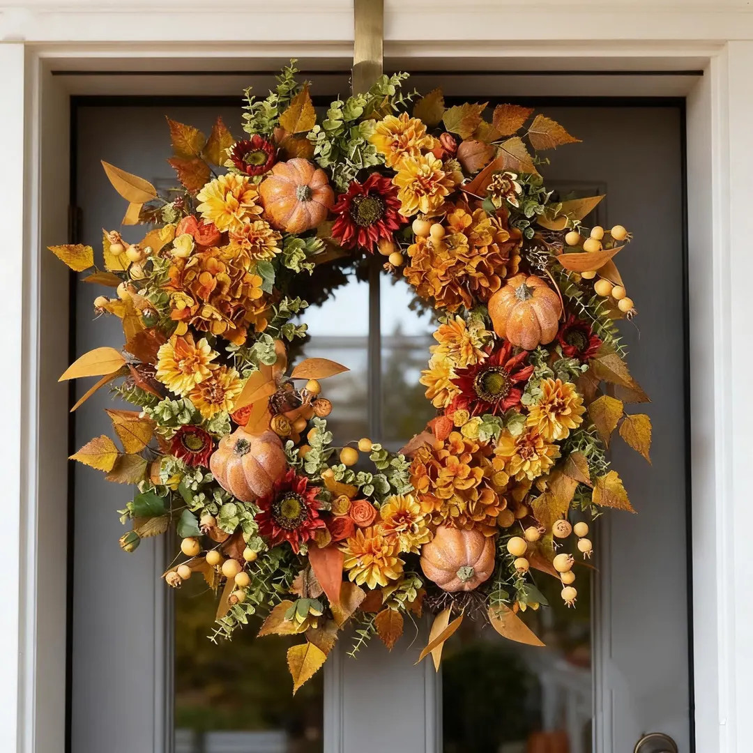 Fall Pumpkin Wreath:rustic Door Decor,chrysanthemums and Autumn Leaves,45cm - Etsy | Etsy (US)