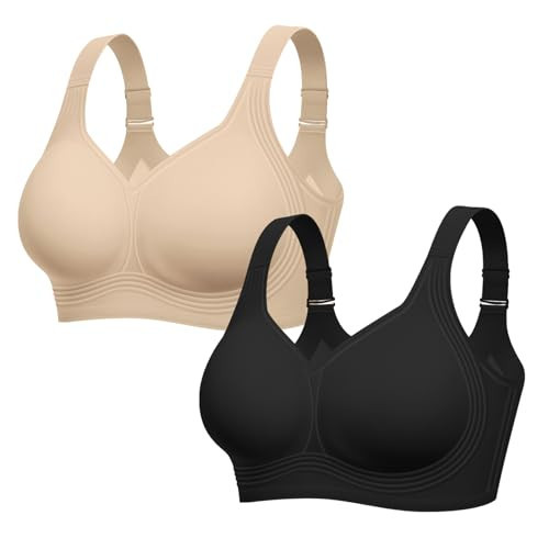 LetsJoli Bras for Women Supportive Wireless Push Up Bra Full Coverage No Underwire Seamless Plus Size for Older Women(Skin+Black,2PCS,L) | Amazon (US)