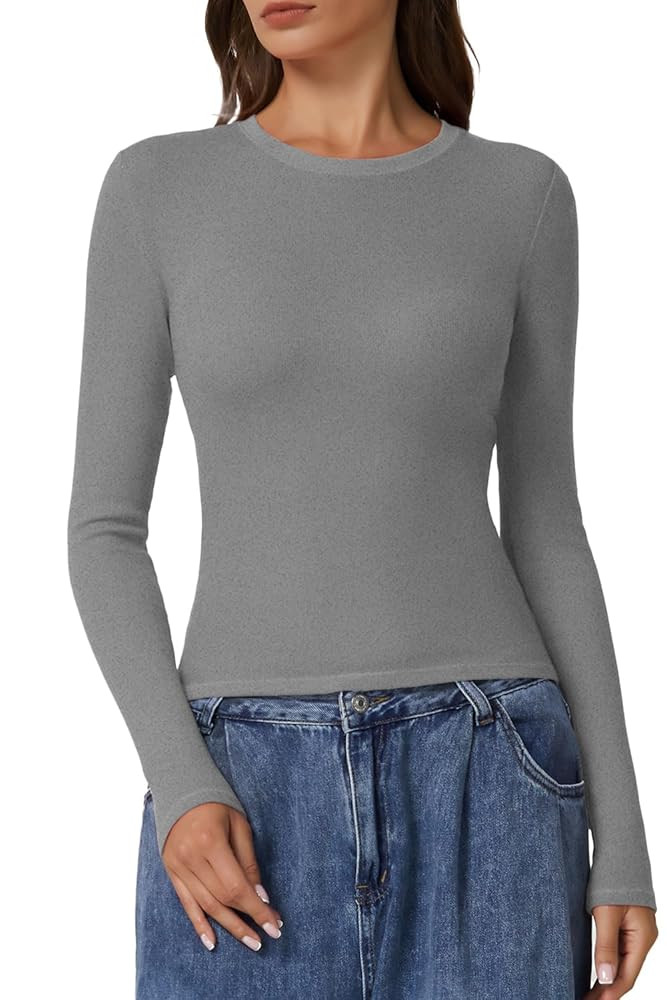 QINSEN Long Sleeve Shirts for Women Crewneck Rib Knit Slim Fit Going Out Tops Casual Basic Tee | Amazon (US)