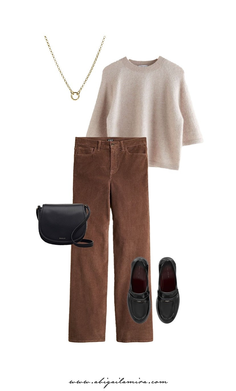 WHAT I'M WEARING WEDNESDAY 10/22/2025
This outfit of the day is the perfect mix of cozy comfort and polished minimalism. A soft knit sweater paired with warm brown corduroy pants creates an effortlessly chic base, while sleek black loafers and a structured crossbody bag bring a timeless, classic touch. The delicate gold necklace adds just the right hint of elegance, making this look ideal for a casual yet elevated everyday style. See the full post at www.abigailamira.com

#LTKMidsize #LTKStyleTip #LTKOver40