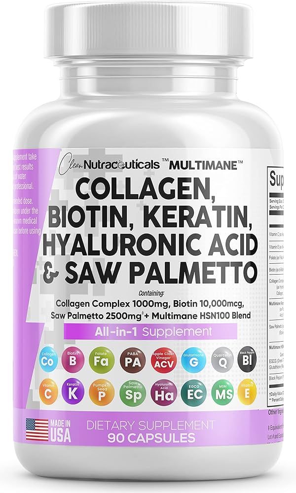 Collagen Pills 1000mg Biotin 10000mcg Keratin Saw Palmetto 2500mg Hyaluronic Acid - Hair Skin and... | Amazon (US)