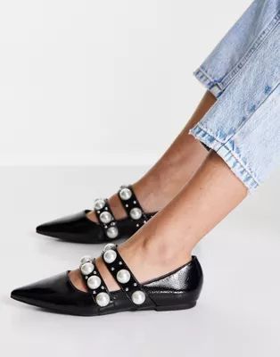 ASOS DESIGN Livia faux pearl studded ballets flats in black crinkle patent | ASOS | ASOS (Global)