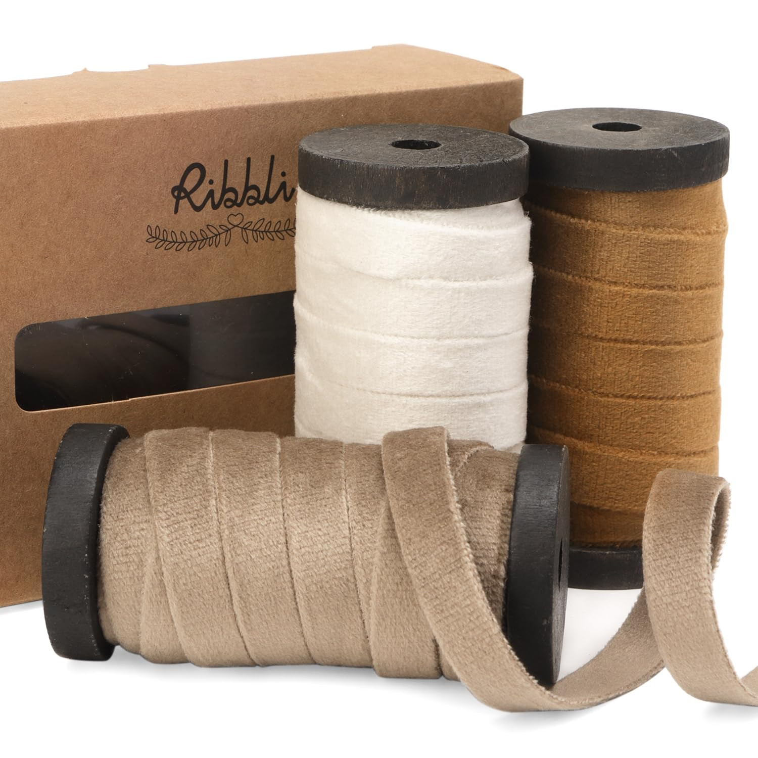 Ribbli Camel White Khaki Velvet Ribbon 3 Rolls Double Faced 3/8 Inch 18-Yard with Wooden Spool Us... | Amazon (US)