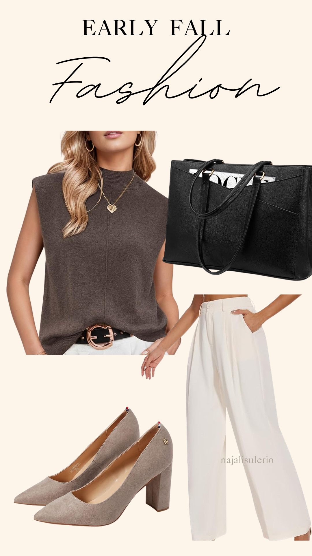Early Fall Fashion Idea 🤎
Sleeveless mock-neck knit in chocolate brown, wide-leg ivory trousers, taupe block heels, and a structured black tote.

Perfect for work meetings, dinner out, or a polished day-to-night look. 

 #LTKFallSale #LTKSeasonal #LTKStyleTip