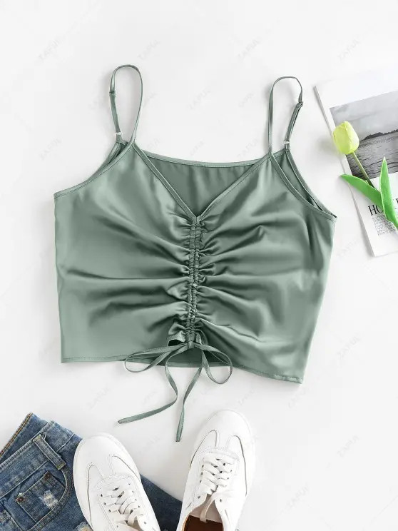 ZAFUL Satin Cinched Ruched Tie Cami Top   HAZEL GREEN | ZAFUL (Global)