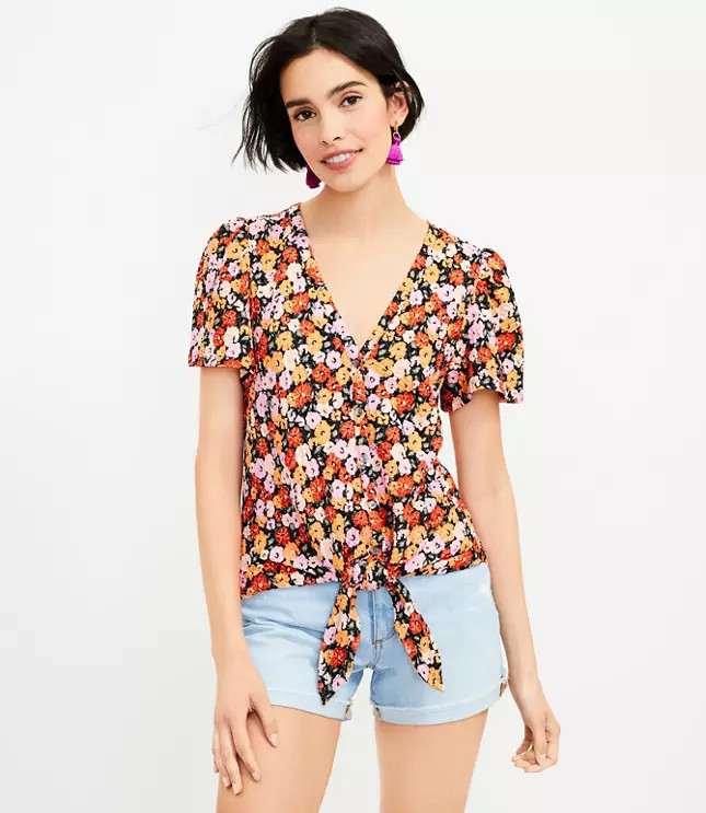 Floral Textured Button Tie Front Top | LOFT