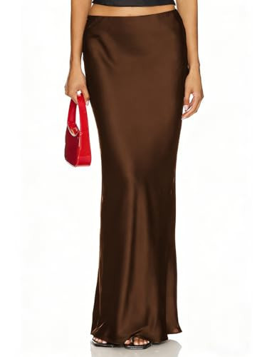 2026 Women's Satin Maxi Skirt Elastic High Waisted Elegant Flowy A-Line Polka Dots Silk Long Skirts for Women. Brown | Amazon (US)
