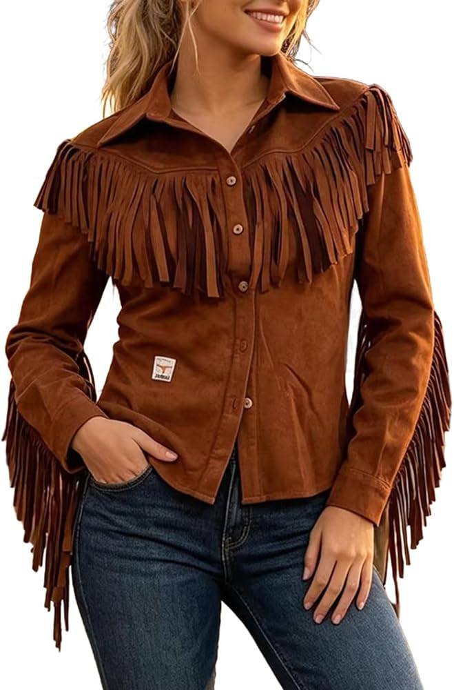 Womens Vintage Fringe Suede Western Shirts Long Sleeve Buttons Tops | Amazon (US)