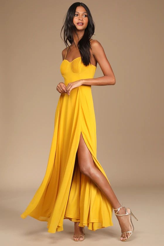Cause for Commotion Golden Yellow Pleated Bustier Maxi Dress | Lulus