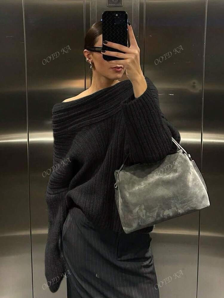 Autumn And Winter Women's Fashion Off-Shoulder One-Shoulder Solid Color Knitted Sweater Casual Lo... | SHEIN