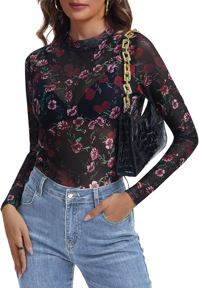 ETOSELL Womens Lace Mesh Long Sleeve Tops Floral Sheer See Through Sexy Mock Neck Shirts Party Cl... | Amazon (US)