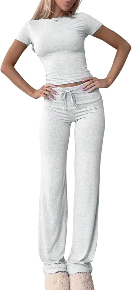 MARZXIN Women's 2 Piece Sets Summer Solid Color Short Sleeve T-Shirt And Long Pants Set | Amazon (US)