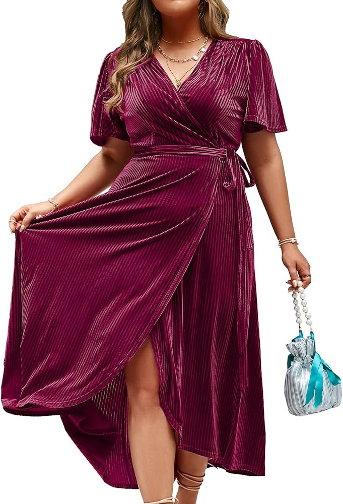 BerryGo Women's Velvet V Neck Wrap Semi Formal Dress Cocktail Party Maxi Dress for Wedding Guest | Amazon (US)
