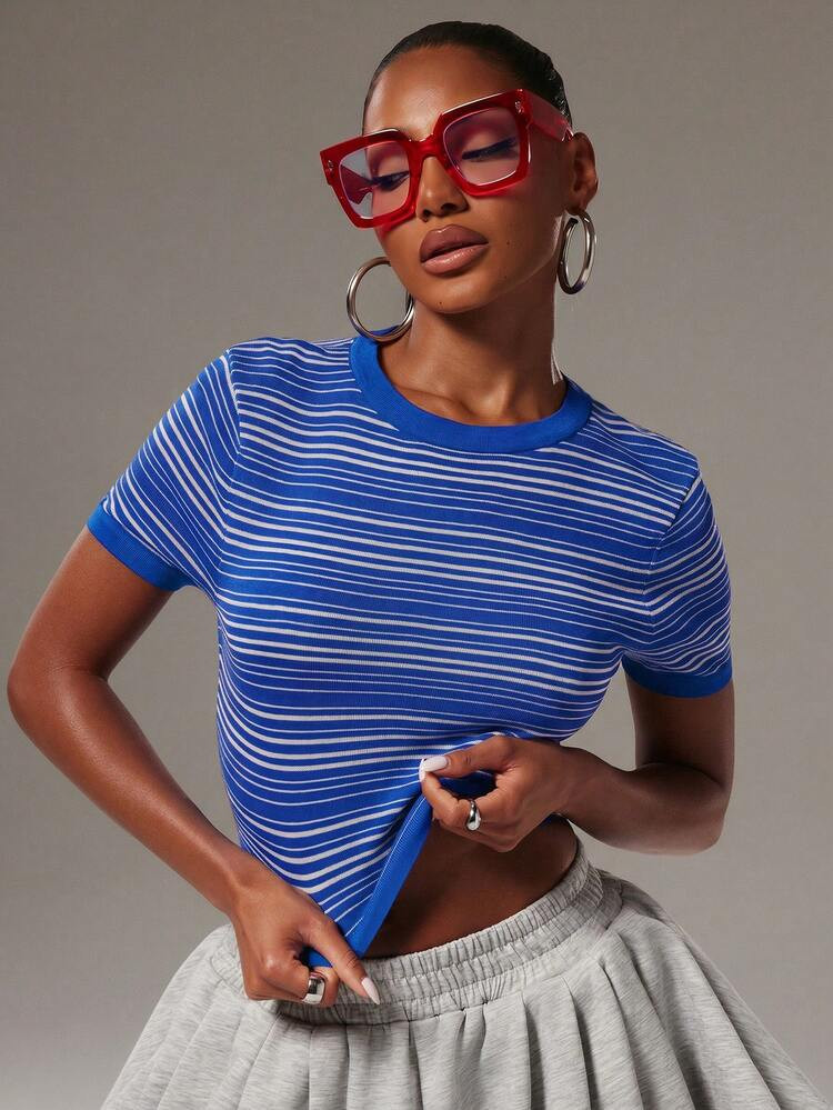 NYA SZN Women's Striped Round Neck Short Sleeve Casual Knit Top | SHEIN