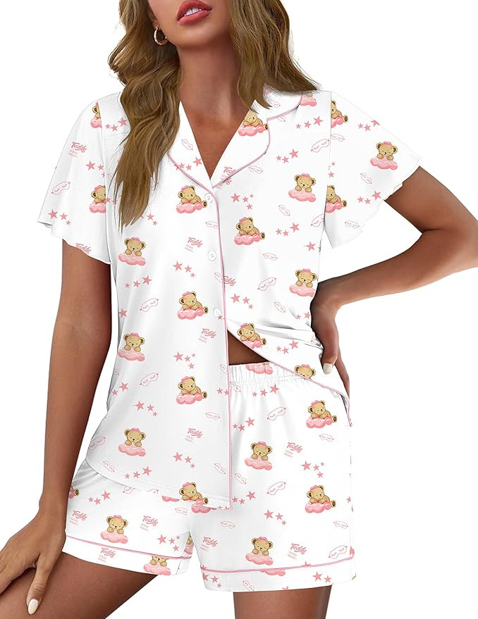 Ekouaer Pajamas for Women Set Button Up Pjs Short Sleeve Ruffle Sleepwear Notch Collar Bride Soft... | Amazon (US)