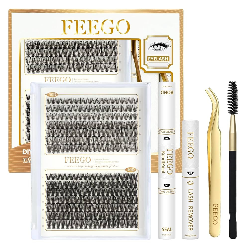 FEEGO Fluffy Eyelash Extensions Kit With Cluster Lashes, Applicator for Beginners, Individual Las... | Amazon (US)