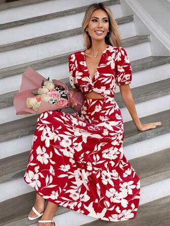 SHEIN VCAY Floral Print Cut Out Front Ruffle Hem Dress | SHEIN