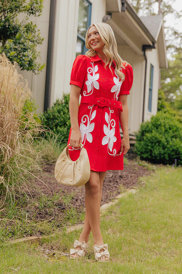 Sunday Stroll Floral Embroidered Linen-Blend Mini Dress in Red | Impressions Online Boutique