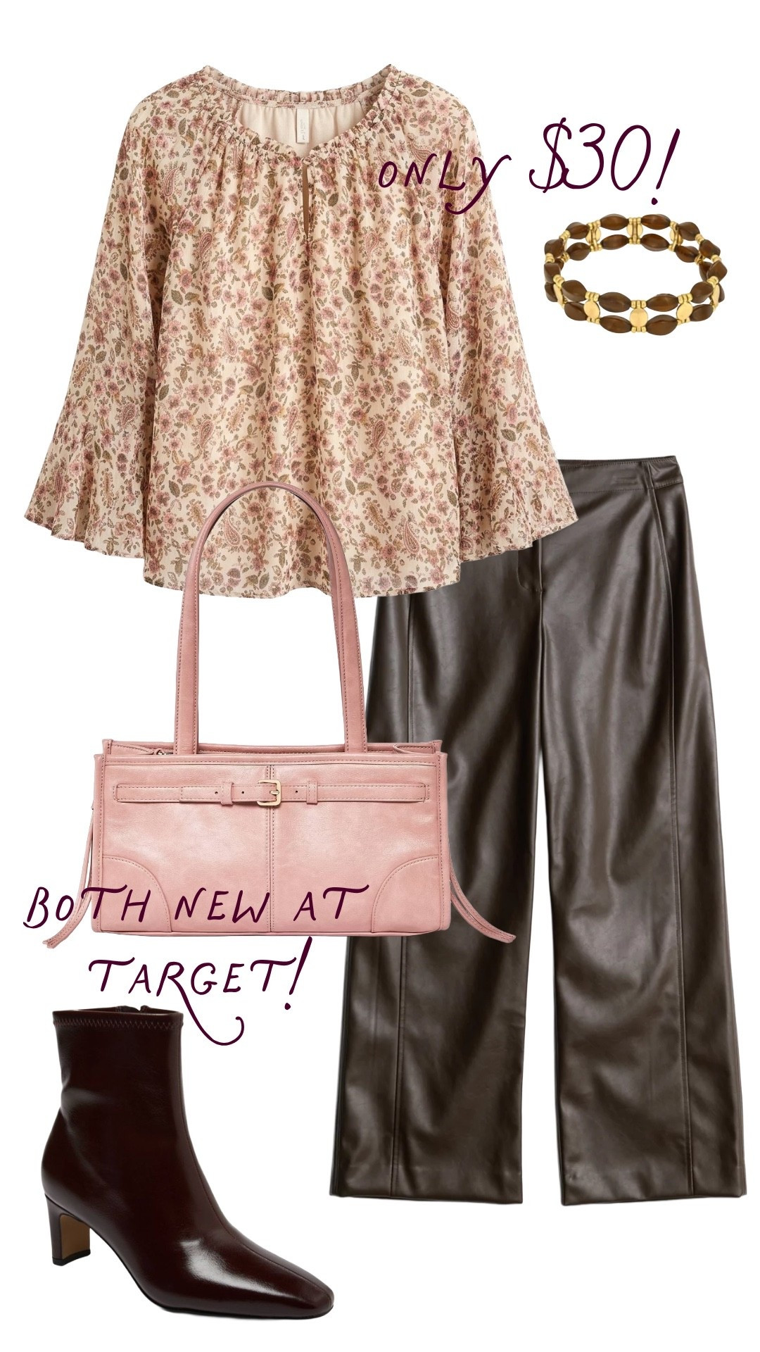 Target is making fall dressing way too easy with these new pieces. The paisley blouse looks so good with chocolate faux leather pants, a pink bag, and brown ankle boots for a fun mix of color and texture! 

 #LTKgrwm #LTKootd #LTKmomlife