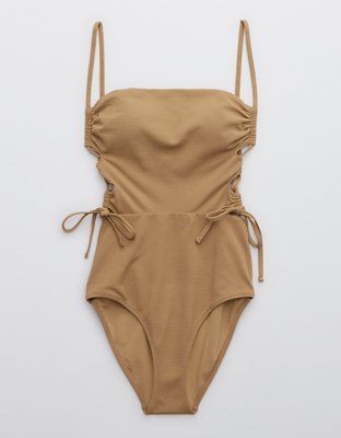 Aerie Pique Lace Up Bandeau One Piece Swimsuit | American Eagle Outfitters (US & CA)