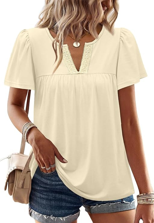 OFEEFAN Womens Summer Tops Boho Short Sleeve Shirts V Neck Fashion Lace Blouses Dressy Casual Flo... | Amazon (US)