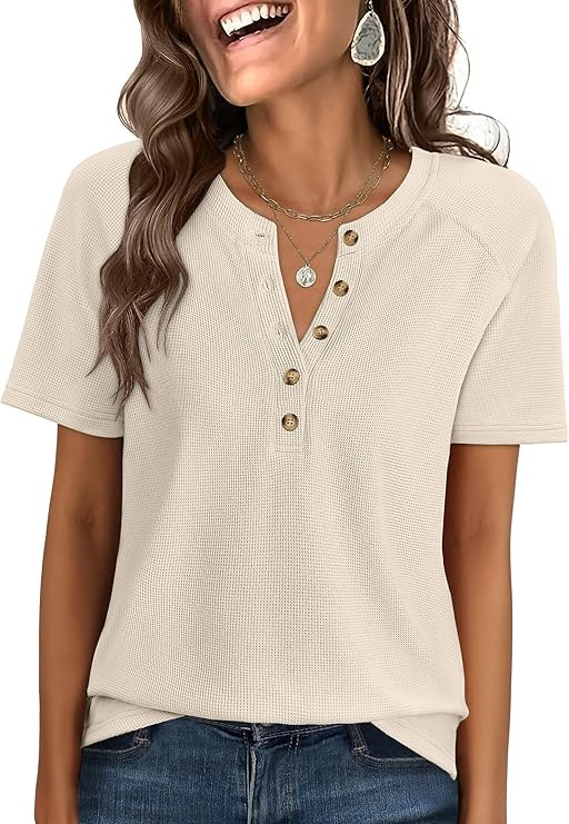 ANRABESS Women Waffle Knit Tops Short Sleeve Henley Shirts Dressy Casual Blouse 2026 Spring Fashi... | Amazon (US)