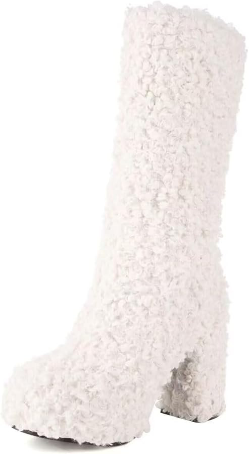 KISSASA Mid Calf Fluffy Furry Boots Warm Platform Chunky High Heel Pull On Boots Fashion Winter B... | Amazon (US)
