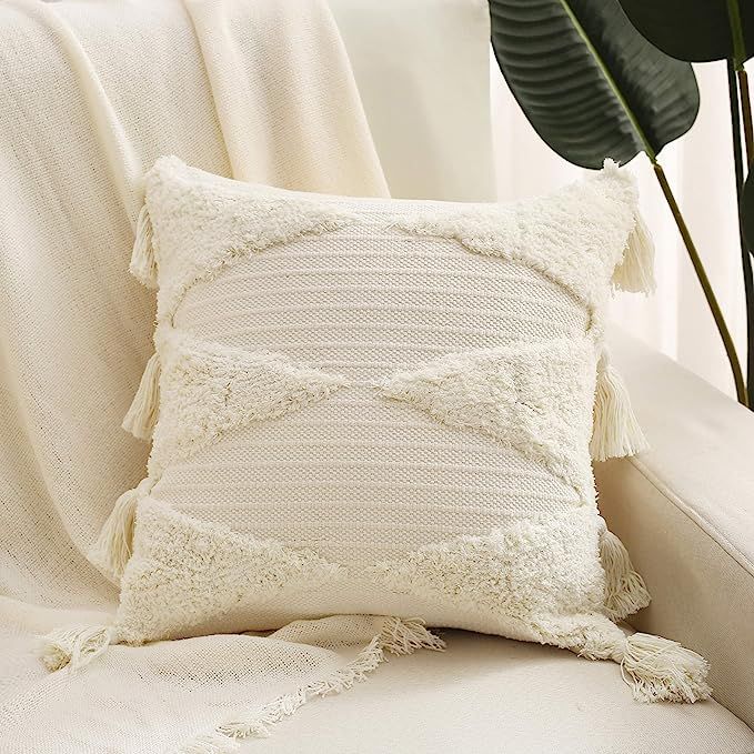 Boho Tufted Tassel Throw Pillow Cover -Nordic Cream White Comfortable Pillowcase: with Minimalism... | Amazon (US)