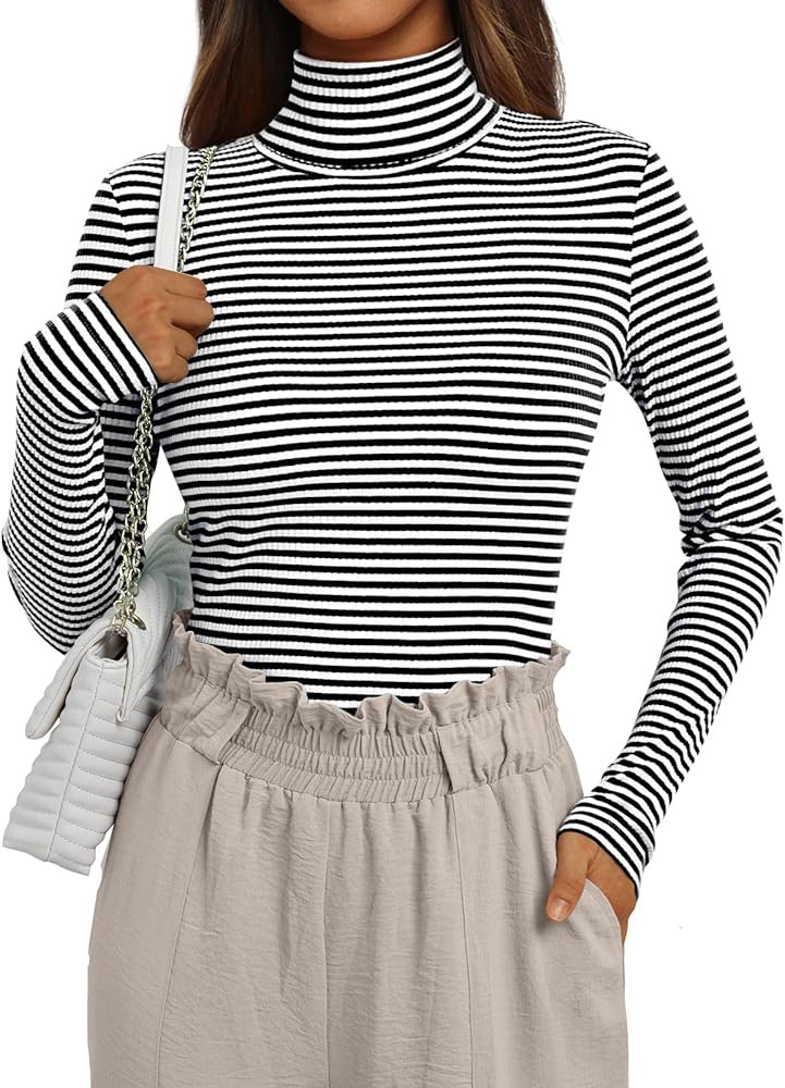 AUTOMET Womens Long Sleeve Tops Shirts Turtleneck Striped Sweaters Mock Y2k Clothes Fall Fashion ... | Amazon (US)