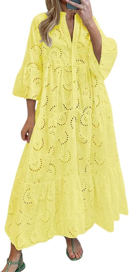 chouyatou Women's 2025 Lace Eyelet Embroidery Maxi Dress V-Neck Trumpet Sleeve Boho Flowy Swing D... | Amazon (US)