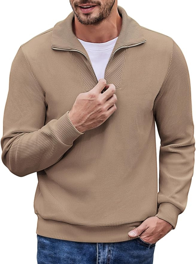 COOFANDY Men's Quarter Zip Up Pullover Mock Neck Long Sleeve Sweater Casual Corduroy Polo Sweatsh... | Amazon (US)